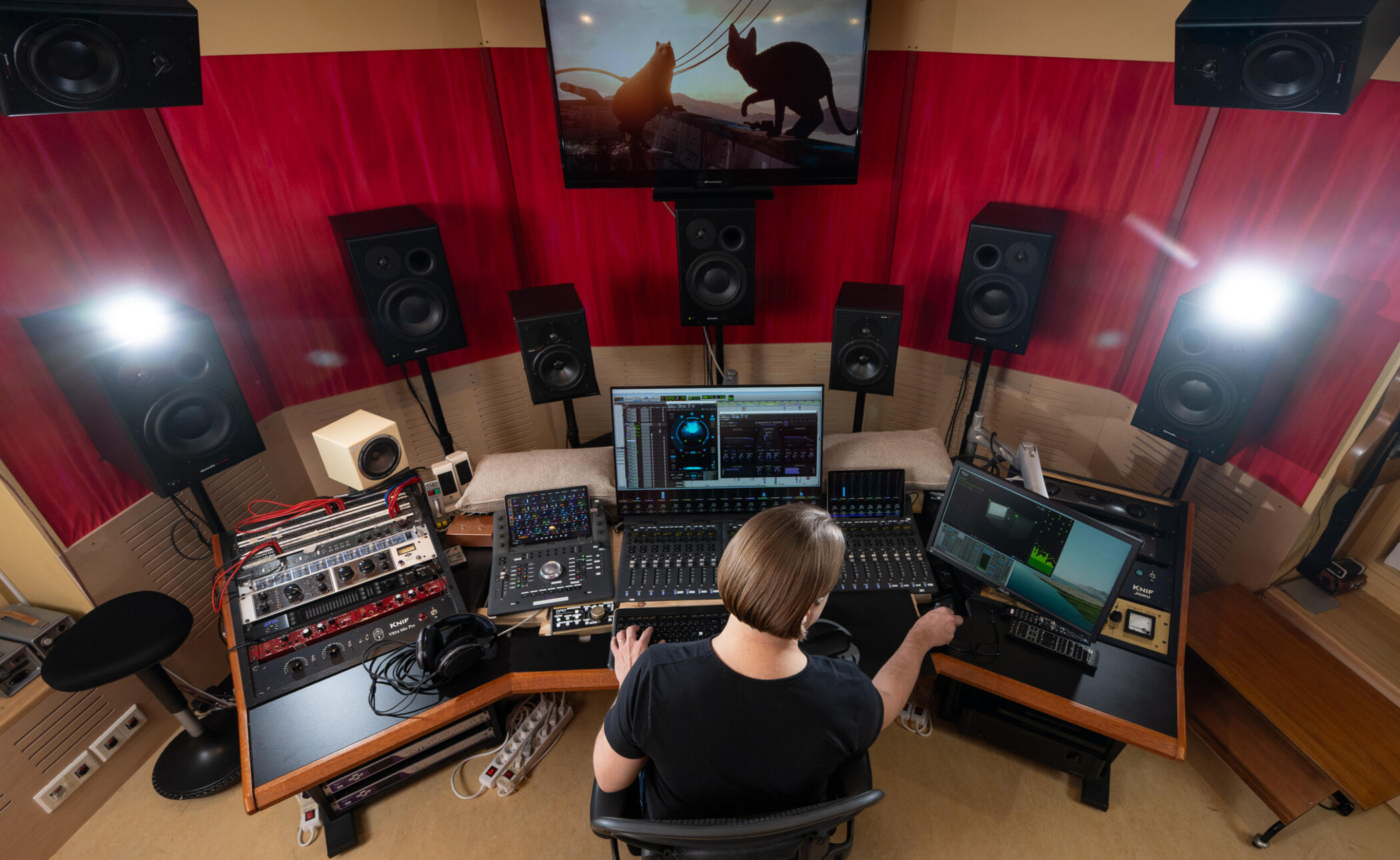 Mikko Raita mixing the Best Animated Feature Oscar-winning film Flow score at his Dolby Atmos music mixing control room in Studio Kekkonen, Helsinki - overhead view